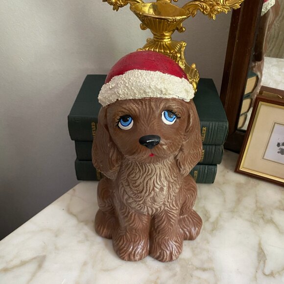 Vintage Ceramic Christmas Puppy Dog Brown Spaniel Santa Hat Handmade Sylvie - Picture 1 of 5